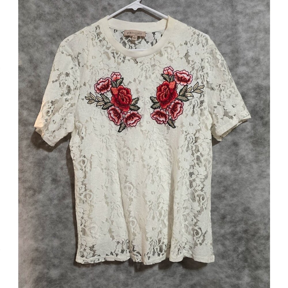 Philosophy Lace Top Sz L Embroidered roses knit lining
